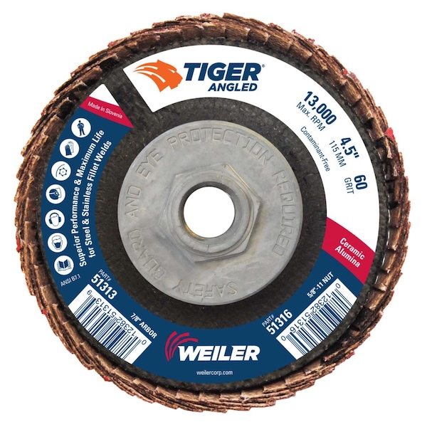 Weiler 4-1/2 Tiger Angled (Radial) Ceramic Flap Disc 60C 5/8-11 Nut 51316 - main